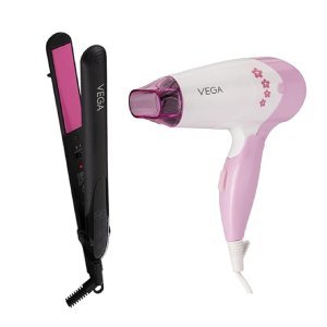 VEGA Adore Hair Straightener (VHSH-18), Colour May Vary & Vega Insta Glam 1000 Hair Dryer (White)