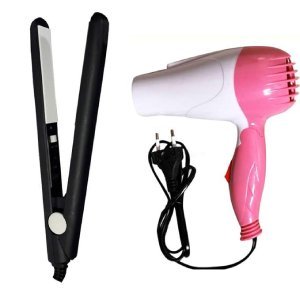 Arzet COMBO of NV-1290 Foldable hair Dryer With 2 Speed Setting 1000 WATT Stylish Hair Dryer (PINK) and Mini Hair Straightener Ceramic Plate Portable hair Straightener (MULTICOLOR, 45WATT)_AB